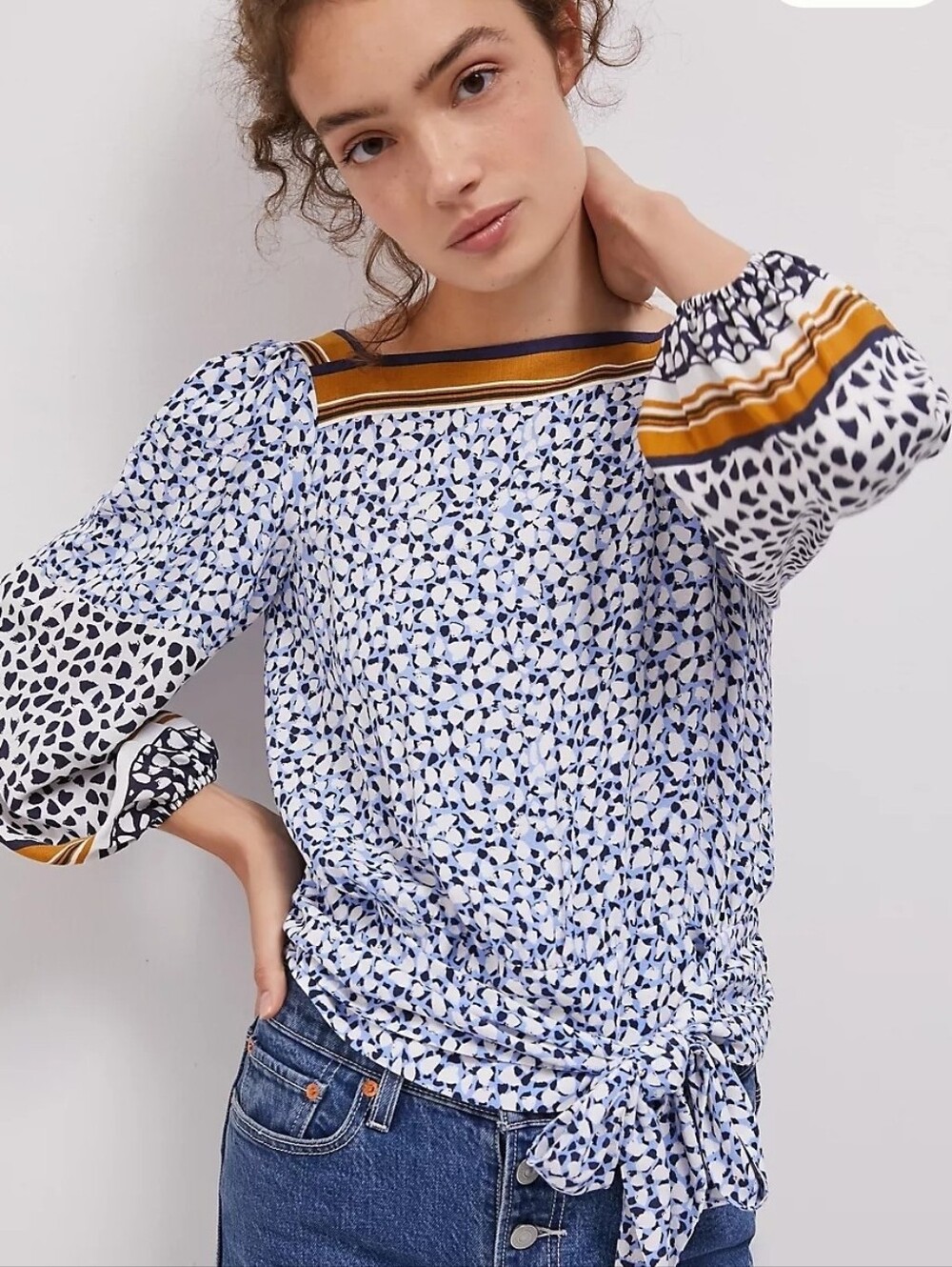 ANTHRO MAEVE Philippa Blouse Pheasant Open Back Statement Sleeve Patterned LARGE